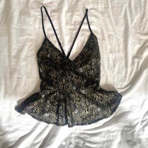 Lush gold/black paisley print texture babydoll top